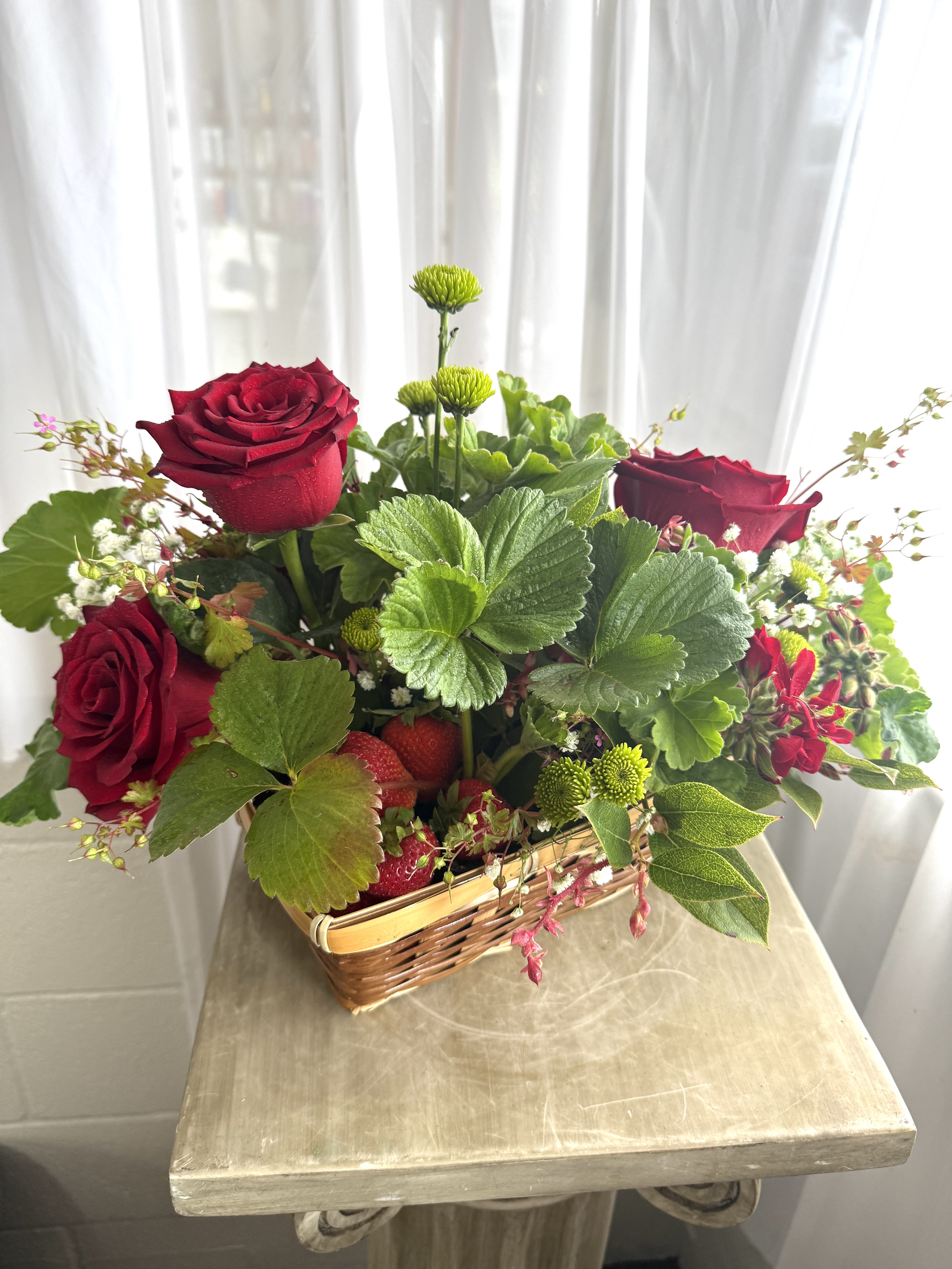 You're So Berry Special - Plants + Flowers + Fruit = A sweet little gift! Two strawberry plants, strawberries, roses and more! As always, all designs are subject to substitution based on availability. Please call the shop with any questions.
