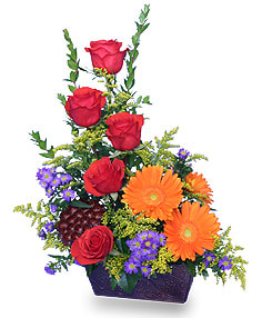You're the Greatest - Send someone a bright "thank you!" with this bucket of blooms! Red roses, orange daises, and purple _____ combine to create this vibrant display! 