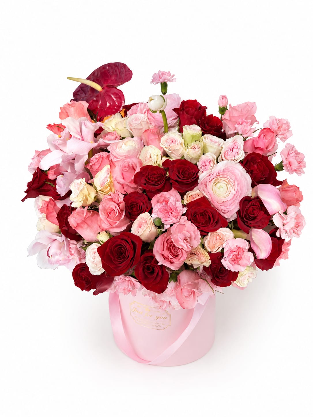 Amour Bloom Box - A romantic luxury arrangement designed with premium roses, ranunculus, orchids. This arrangement is perfect for celebrating love, milestones and special moments.