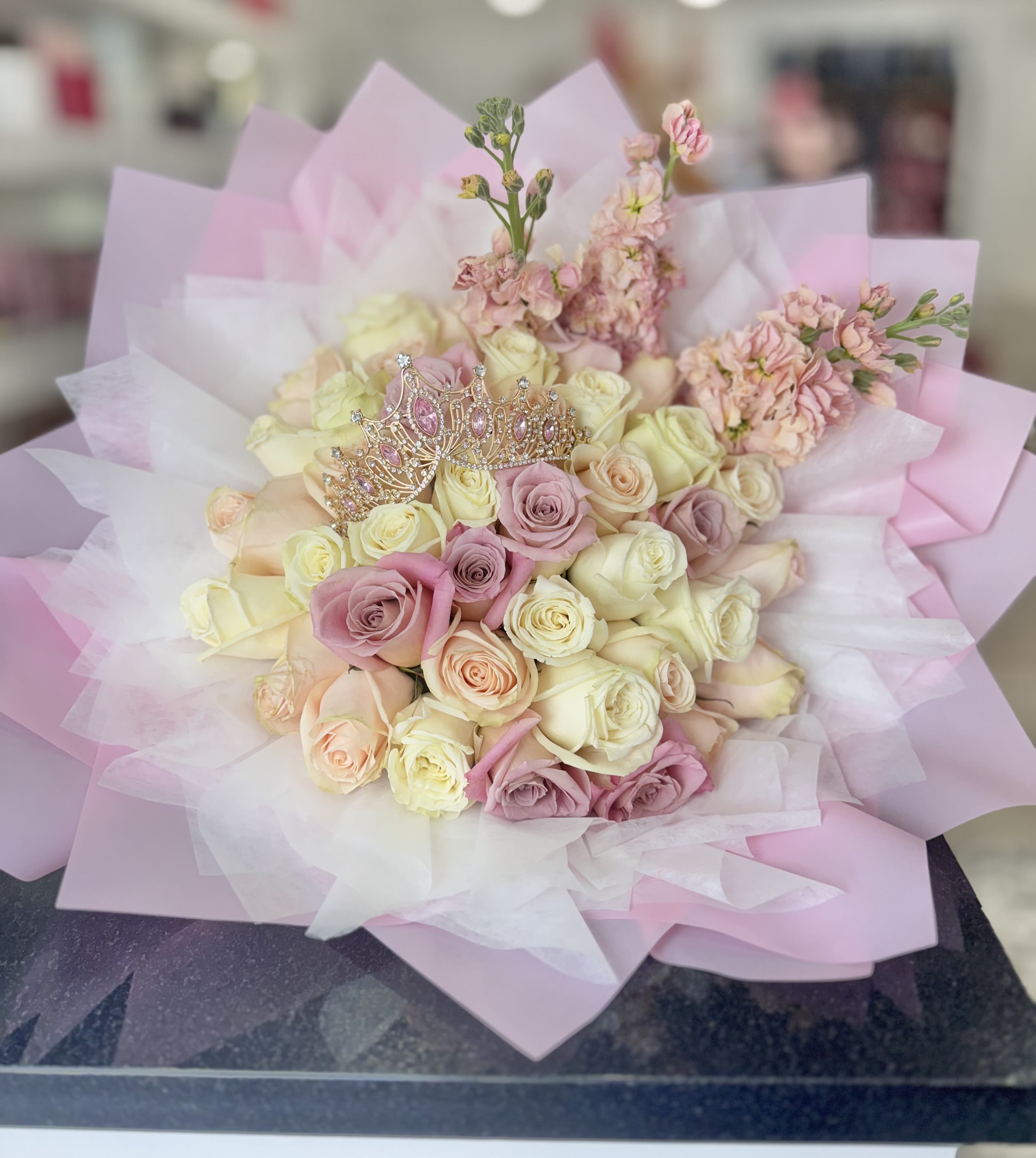 Princess Bouquet  - 36 pink,white,peach and lavender roses.