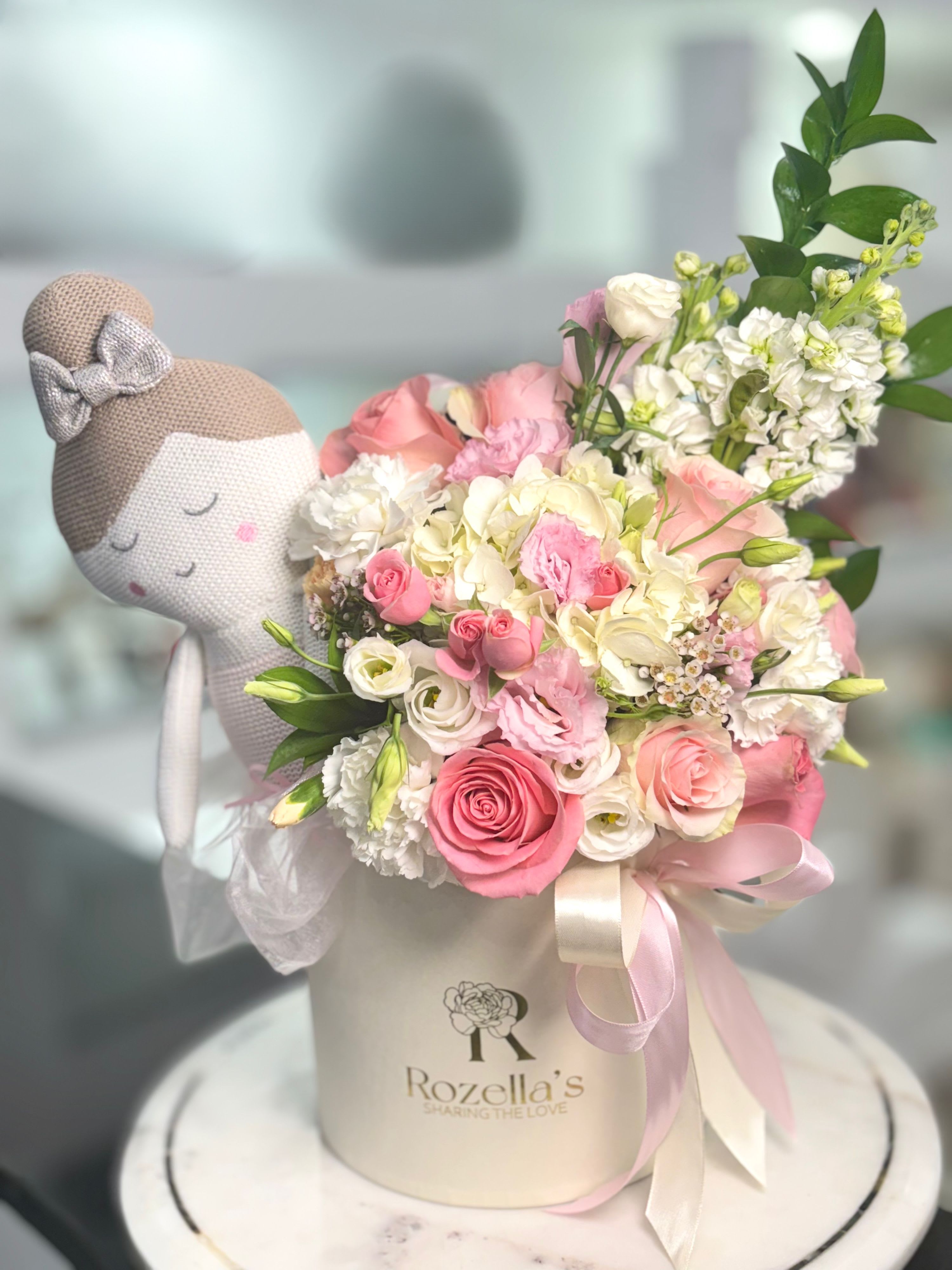 New Baby Girl  - Mix of carnations,roses,hydrangeas in one of our "Rozella's" boxes along with a teddy that matches the arrangement, Includes Ballon. 