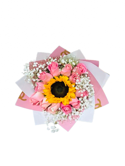 Round bouquet with a central yellow sunflower surrounded by pink roses and white filler flowers in pink and white wrap