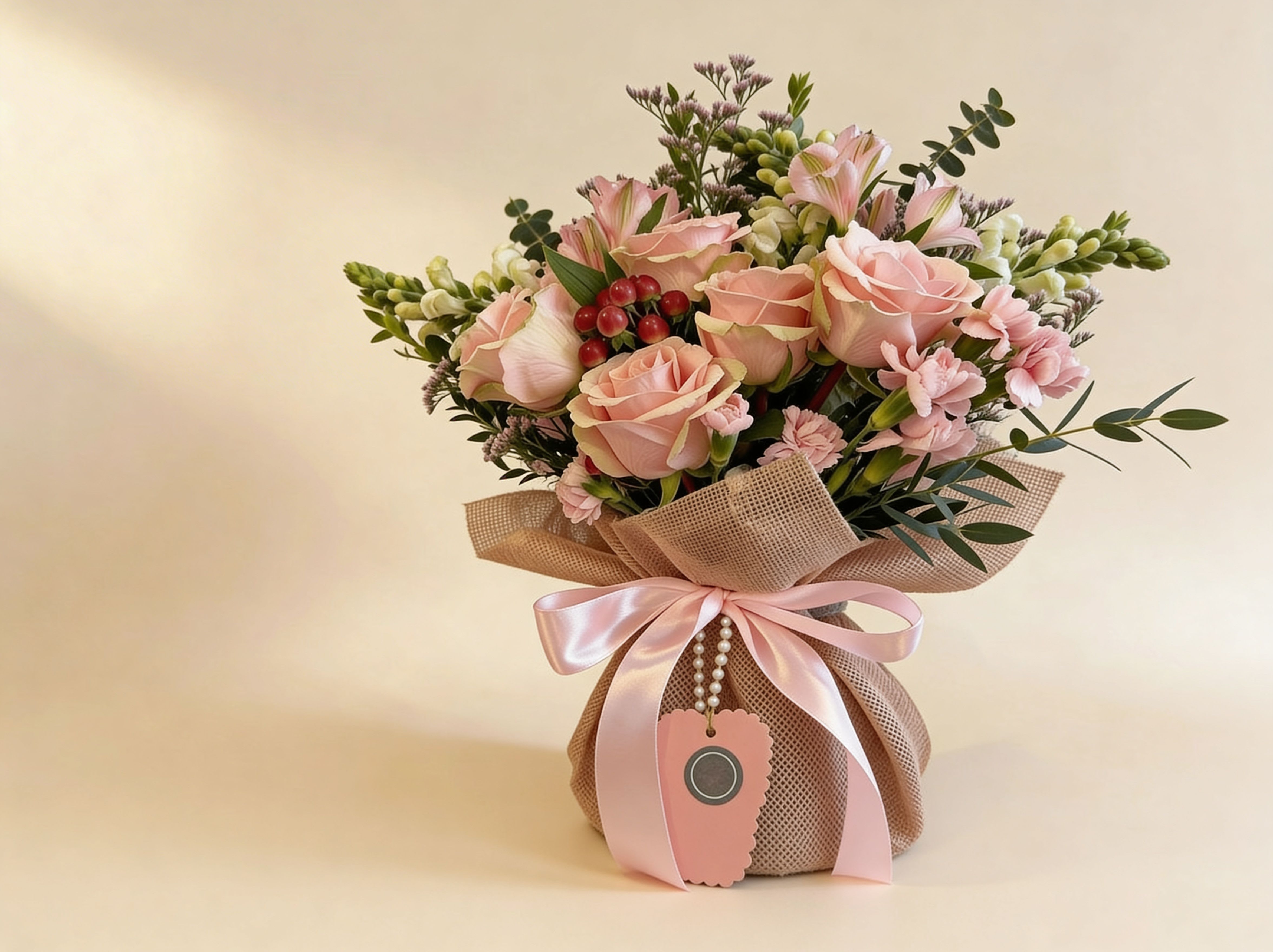 Pink rose and carnation arrangement with white accents in a burlap-wrapped pot tied with a pink satin bow
