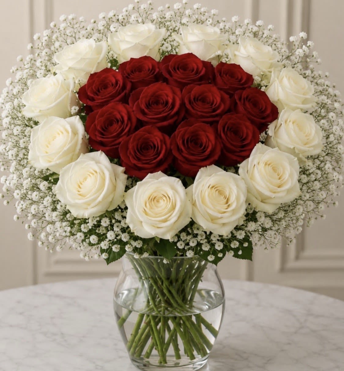 Mike's Anniversary White &amp; Purple Roses. - 12 White Roses, 12 purple roses, babies breath and either a red rose or a red peonies (nice large flower).  We'll make it look like the AI generated picture.  Fresh flowers are all different.  Anniversary card will be included with your message.