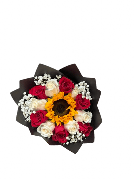 Hand-tied bouquet with a central sunflower, red and white roses, and baby's breath in black paper wrapping