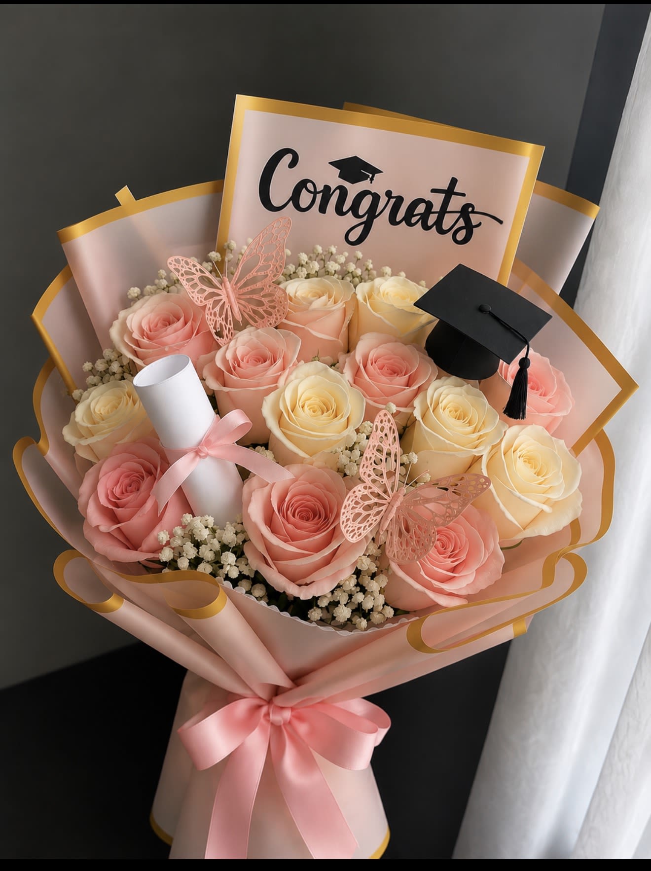     Blush Bloom Graduate Bouquet - Tightly packed blush, pink and cream roses form a rounded graduate bouquet that reads soft, celebratory, and unmistakably special for graduation or a congratulations gift. The graduation cap topper and "Congrats" sign make the occasion clear, while delicate butterfly accents add a playful, hopeful touch-perfect for the new grad who deserves to feel seen and celebrated.  This hand-tied bouquet mixes blush, pink, cream and touches of pale yellow roses with small white filler flowers tucked between the blooms for a full, romantic texture. The stems are wrapped in pale pink paper with gold edging and finished with a satin pink ribbon; hard goods include a rolled diploma prop, butterfly picks, and additional graduation cap decoration to complete the presentation.  Give this to the grad in your life to mark commencement, a milestone achievement, or a major life transition-the arrangement reads joyful and elegant, the kind of bouquet that will make her feel genuinely proud. Carefully wrapped for gift-giving; for best results place stems in fresh water upon delivery to extend bloom life.