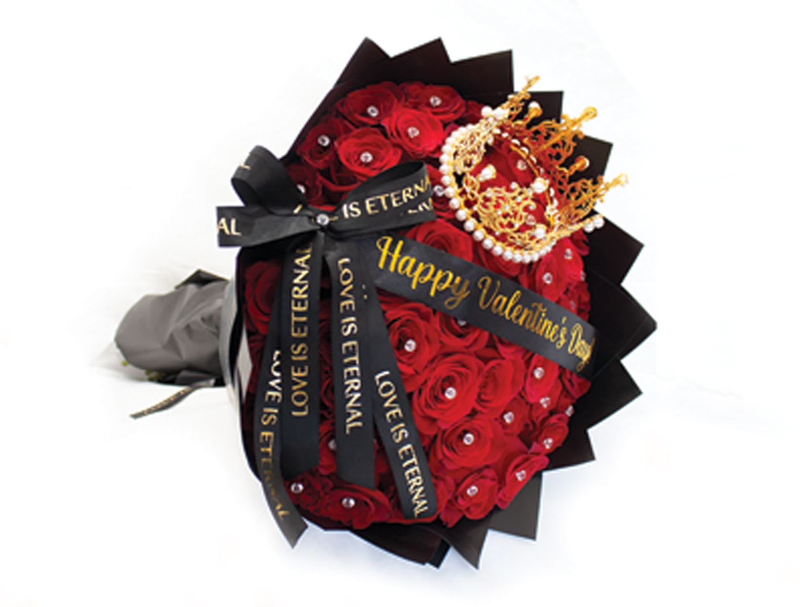 50 Roses Ramo Buchon with Crown &amp; Diamonds - Not Available Feb 11-14th  - Our hand-tied bouquets are delicately arranged combining pure Ecuadorian roses top with a diamond on each rose and a crown. 