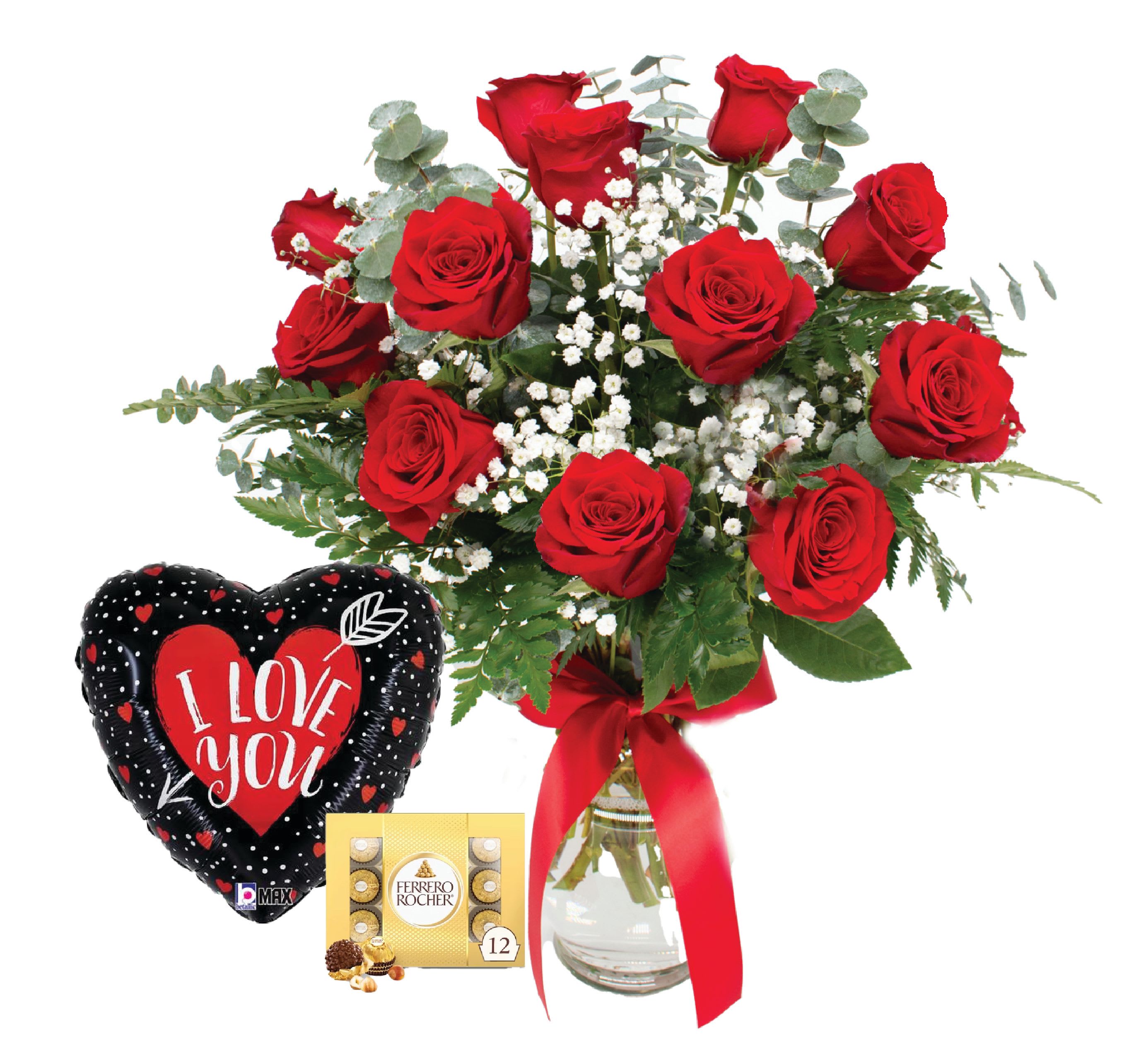 Red roses in a glass vase with a heart balloon and chocolate box