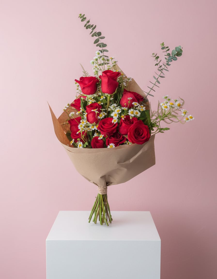 Bouquet of red roses and small white daisies wrapped in brown paper