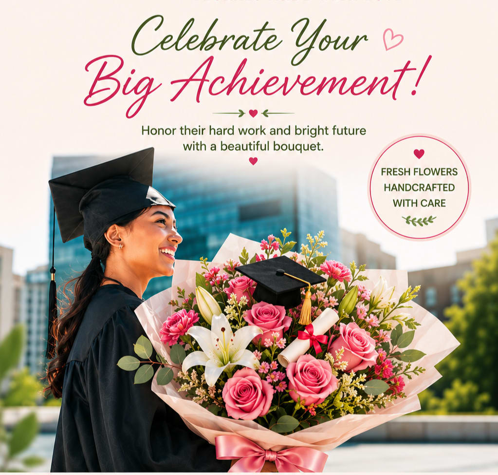 Graduation Celebration Bouquet - Celebrate their big achievement with a stunning hand-tied bouquet featuring premium roses, elegant lilies, fresh greenery, and a beautiful mix of seasonal blooms. Accented with a miniature graduation cap and diploma, this bouquet is the perfect gift to honor your graduate’s hard work and bright future.  Let our designers create your bouquet using the freshest and most beautiful flowers available in-house, handcrafted especially for this unforgettable milestone.