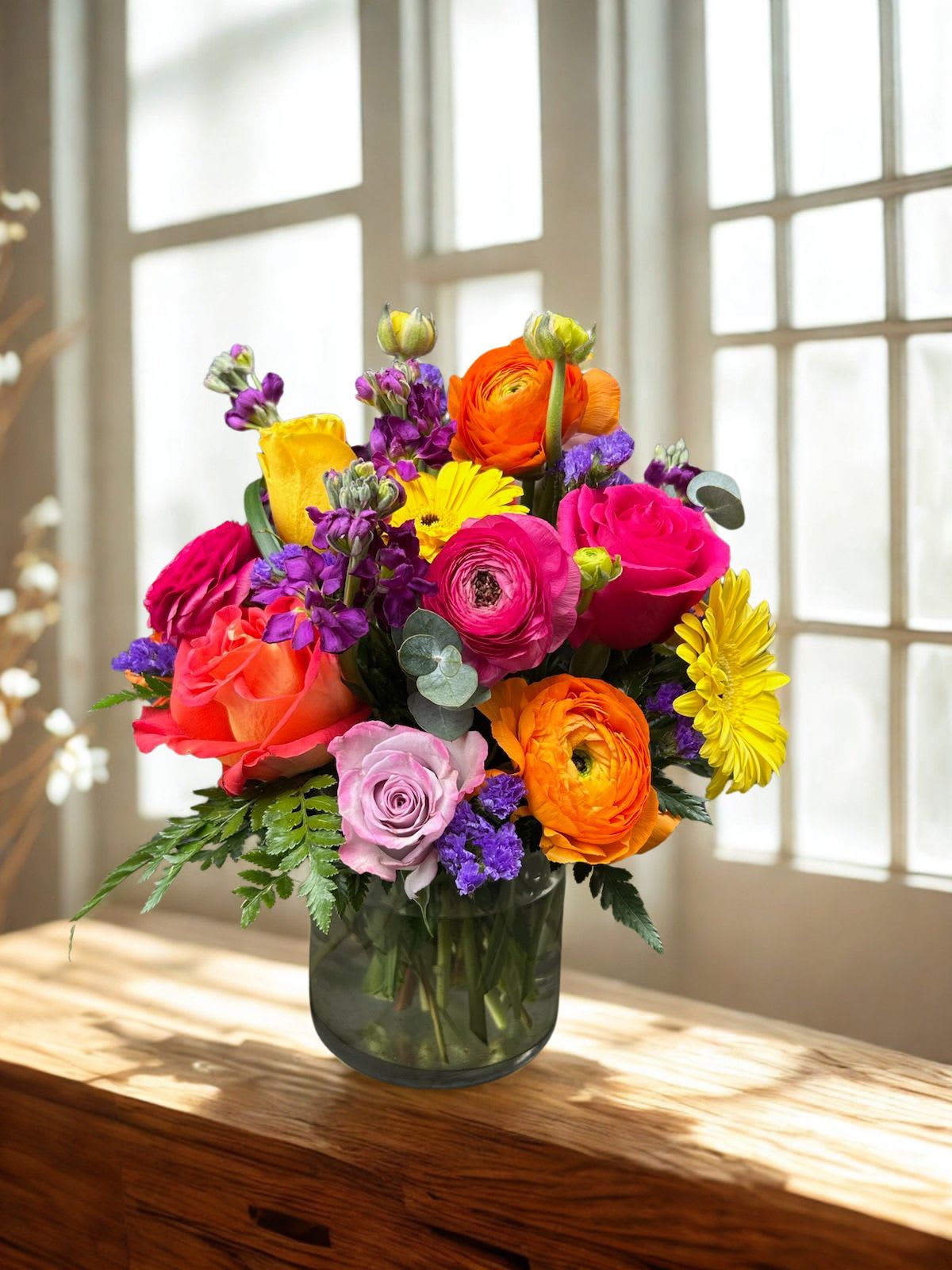 Sunrise Sunset - Bright Colorful blooms in a vase to bring a smile to anyone's face -cheerful, layered blooms perfect for birthdays, graduations, spring, thank-you or just because