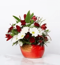 Red and white flower arrangement with daisies and roses in a round red ceramic bowl