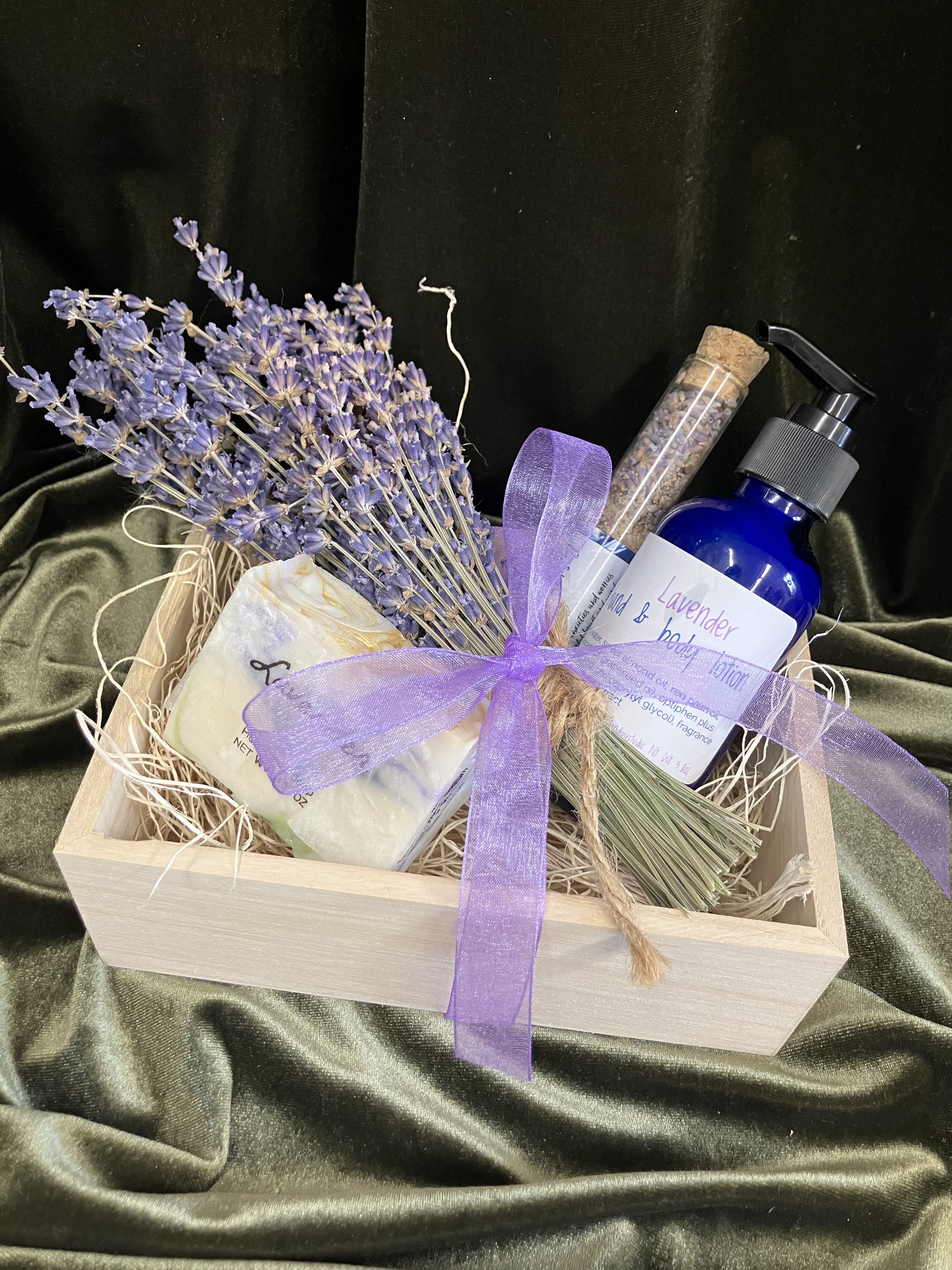 Lavender Gift Box - Fun mini box for the lavender lover. Locally grown dried lavender and locally made soap and lotion with bath salts! 