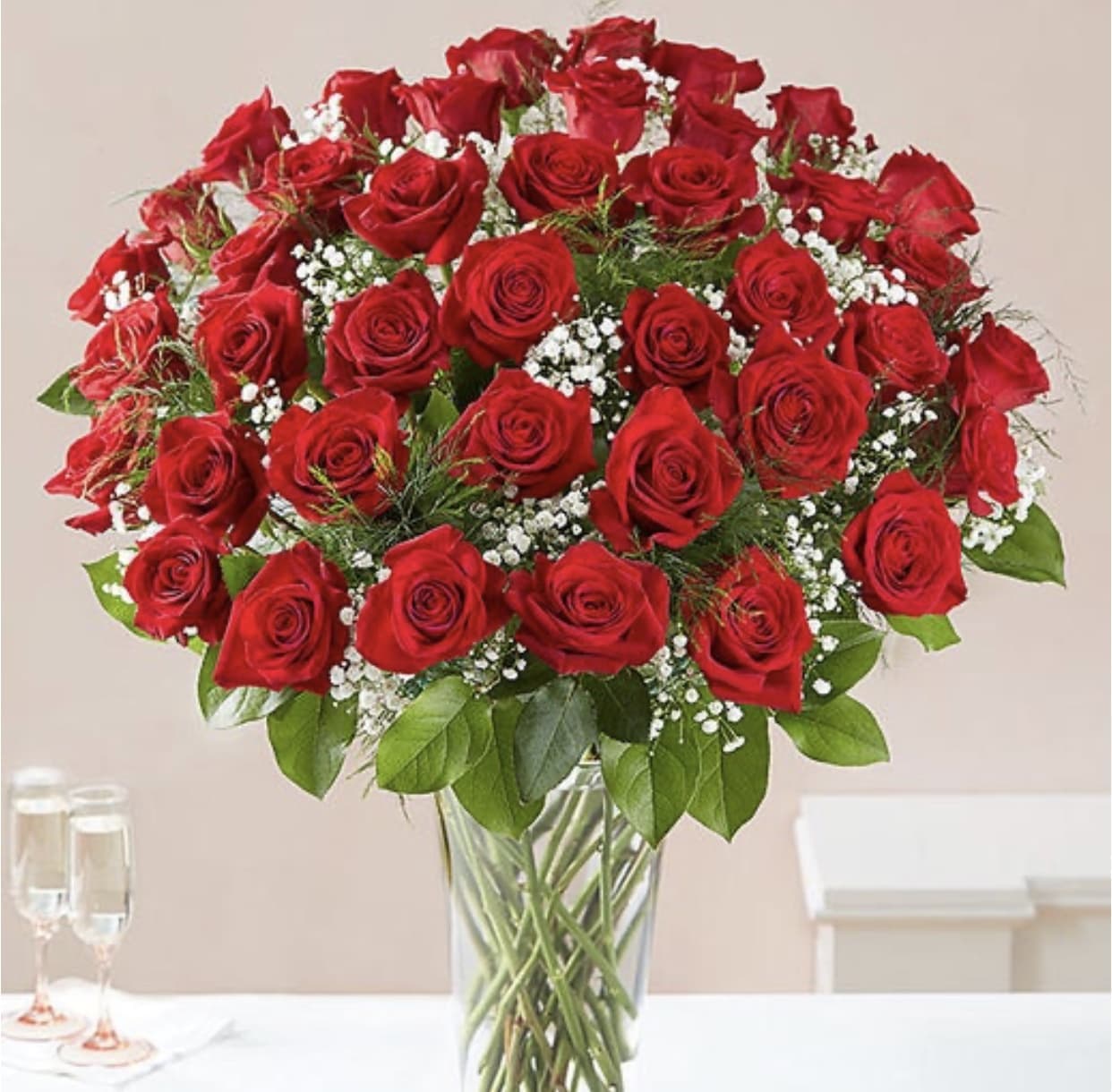 because bqt - 50 Red Roses with baby’s breath 