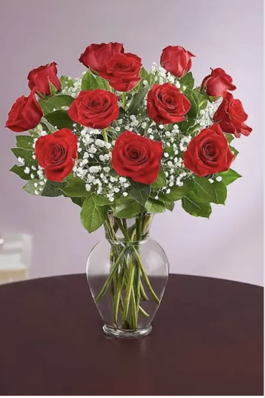 blooming love  - 12 red roses with babys breath 