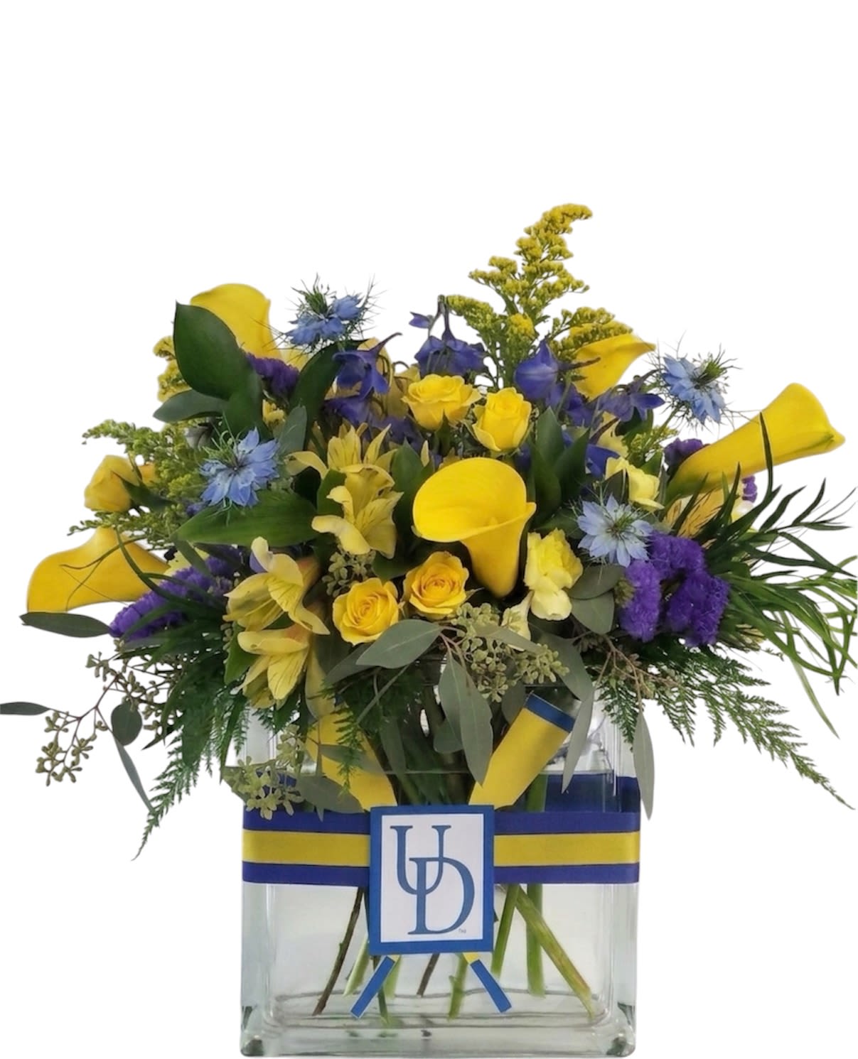 UD Grad - Bright yellow calla lilies and alstromeria take center stage in this UD Grad flower arrangement, a cheerful congratulatory bouquet perfect for graduation or "congrats" moments. The bright yellow and purple contrast-tempered with cool blue accents-creates an energetic, celebratory look that will make the recipient feel noticed and honored on their big day.