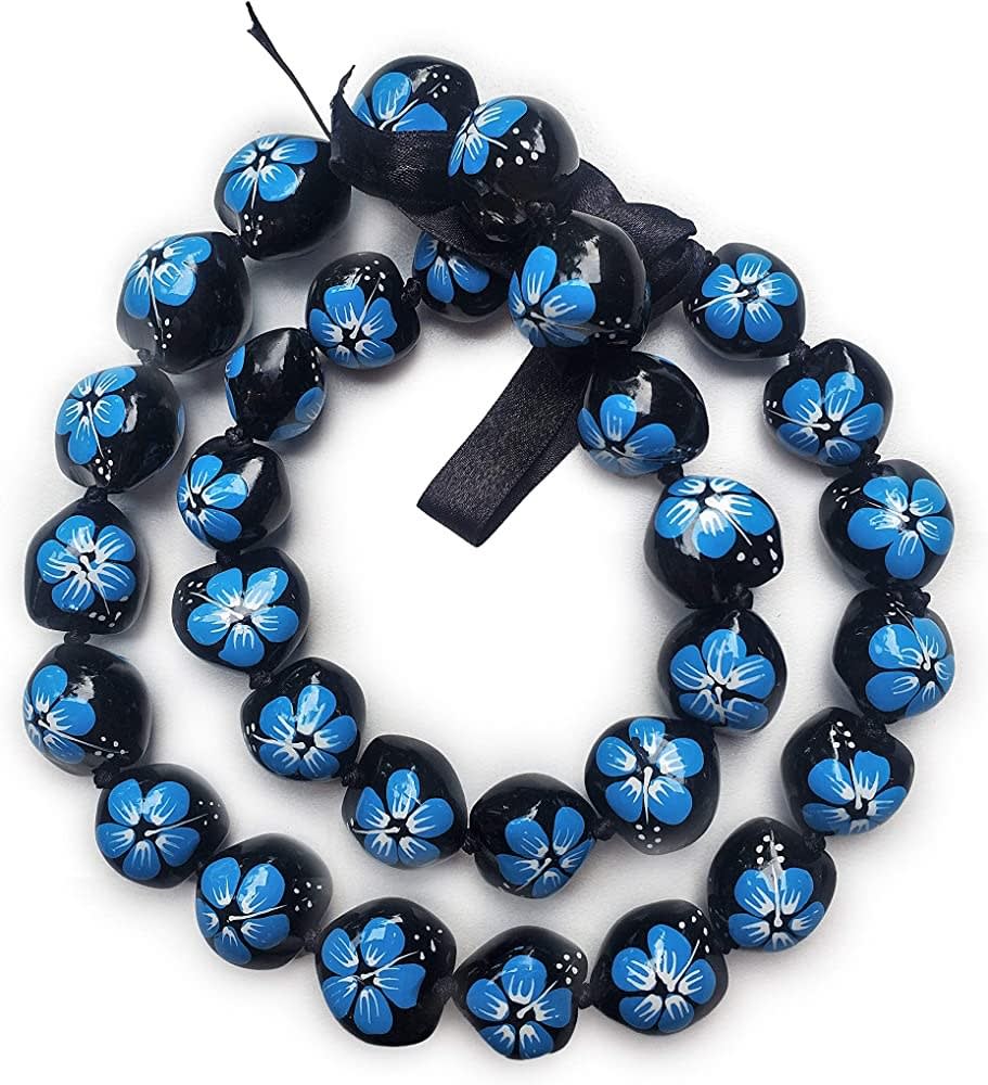 Black beaded necklace with blue flower patterns and a ribbon tie