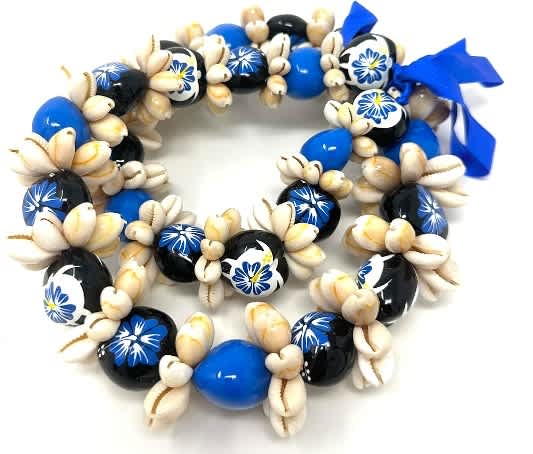 Shell bead necklace with blue and black painted beads