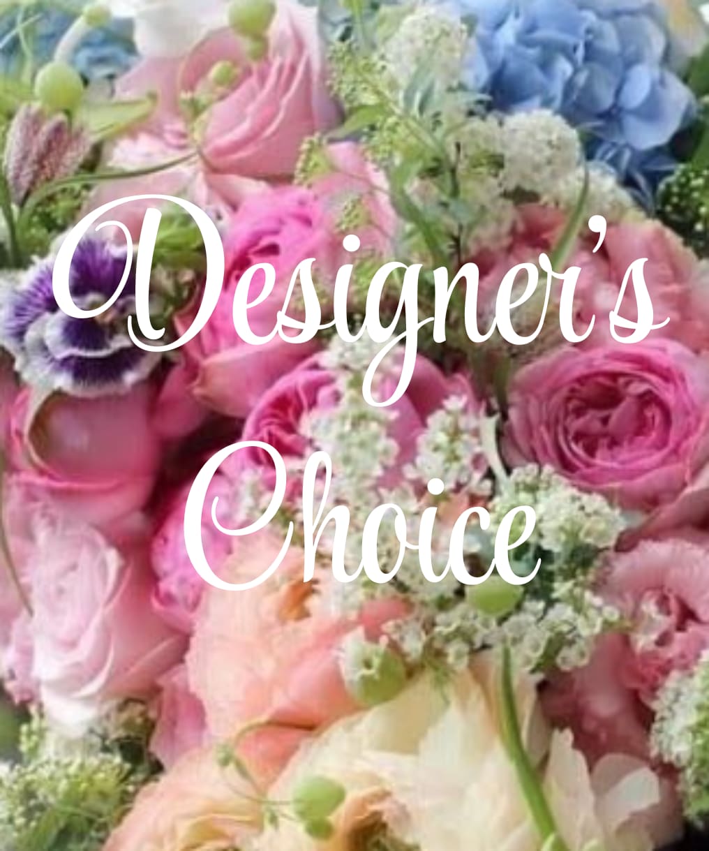 Mixed bouquet of pink, white, and blue flowers