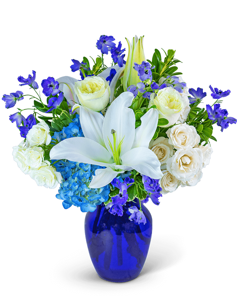 Blue Beauty - Our Blue Beauty flower design is meticulously created with hydrangea, lilies, Delphinium, roses, and an exquisite assortment of premium foliage. This stunning floral arrangement is beautifully presented in a striking blue glass vase, radiating a sense of tranquility and elegance. Transform any space into a haven of serenity with the enchanting Blue Beauty, a true testament to the captivating beauty of nature.