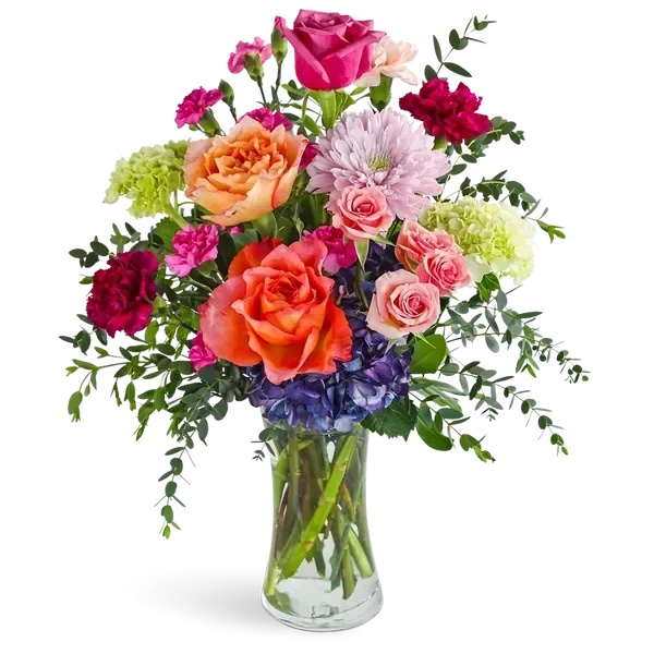 Prismatic Harmony - Prismatic Harmony is a vibrant mix of roses, hydrangeas, carnations, and premium foliage designed to brighten any room. This colorful arrangement is a perfect choice for flower delivery when you want to celebrate a birthday, send encouragement, or surprise someone special. As your trusted local florist, we may substitute blooms based on availability while keeping the overall look and feel true to the design.