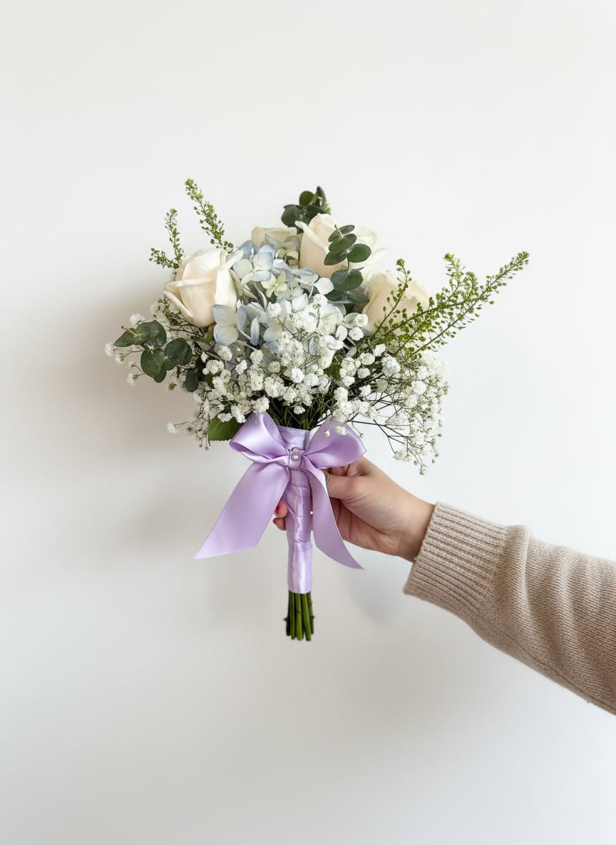 Mini Prom Bouquet Customizable Ribbon - A delicate, garden-style mini prom bouquet that feels quietly romantic-the perfect prom bouquet, wedding corsage alternative, or thoughtful thank-you gift. White roses take center stage, softened by airy clusters of baby's breath and pale blue hydrangea-like blooms, with touches of pink, purple, and green woven through for a fresh, pastel look your person will notice the moment they see it.  The hand-tied arrangement is rounded but relaxed, built with eucalyptus and fine filler for soft texture and gentle movement. Stems are wrapped in a lavender satin ribbon that adds a subtle, elegant accent against the mostly white palette. Sized as a petite bouquet, it's designed to be easy to carry or display in a small vase.  Choose this mini bouquet when you want someone to feel cherished and seen-ideal for prom, bridesmaids, intimate weddings, or simply saying "I'm thinking of you." For best results, keep flowers in fresh water, recut stems slightly before arranging in a vase, and enjoy their delicate presence for several days.