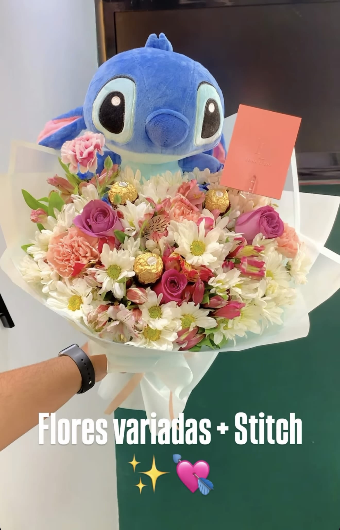 Bouquet of mixed flowers with a Stitch plush toy and a card