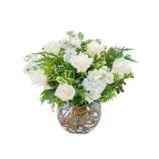 Charm - A bubble bowl filled with cream and white flowers will add charm to any occasion.