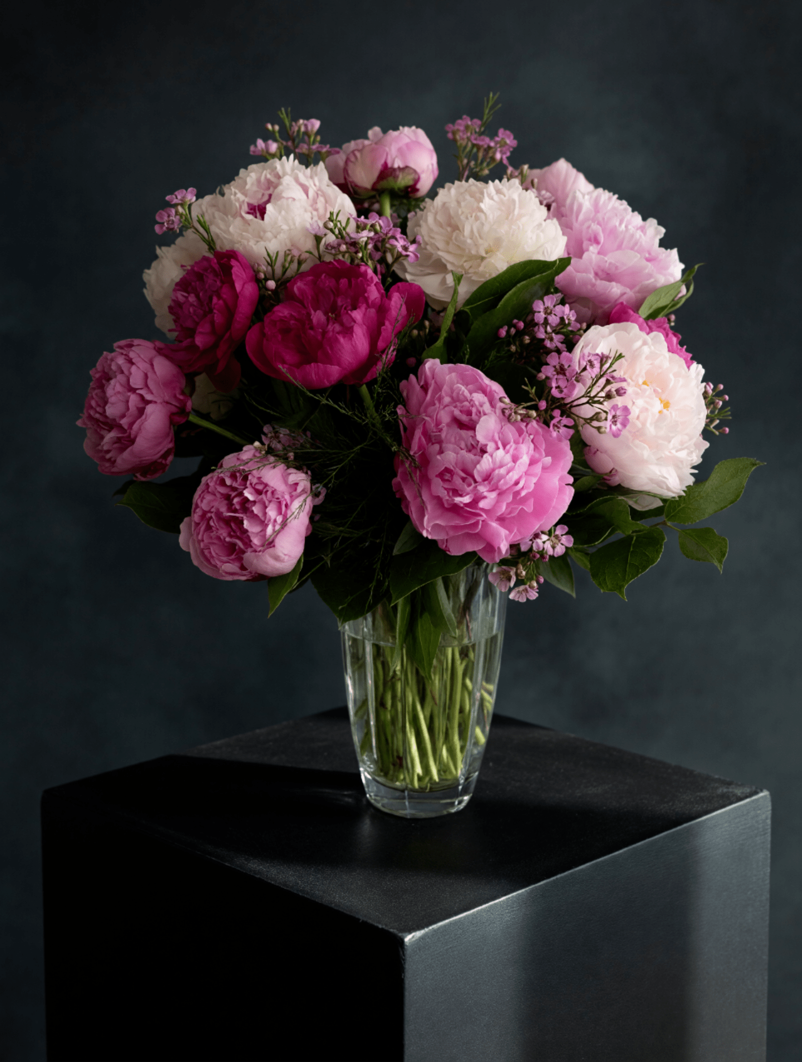 Her Favorites - A lush cluster of pink and white peonies takes center stage in this flower arrangement, making it an ideal birthday bouquet, anniversary gift, or springtime surprise for the person you're thinking of. The rounded, full silhouette of soft blush and ivory blooms, brightened by deeper magenta peonies and delicate purple filler flowers, creates a romantic, refined look that will make her feel truly cherished. PLEASE CALL FOR AVAILABILITY   Packed tightly in a clear glass vase with stems visible through the water, this arrangement reads fresh and classic-perfect for a nightstand, kitchen table, or office desk where its scent and texture can be enjoyed up close. The mix of peony varieties gives a plush, tactile quality: silky petals, generous heads, and subtle green accents that lift the palette. Sized to make a confident statement, it's the kind of bouquet that looks effortlessly elegant in any setting.  Send this as a thoughtful way to celebrate an anniversary, brighten a birthday, or simply say "I'm thinking of you" with style. For best enjoyment, trim stems and change the water every couple of days to keep blooms looking their freshest.