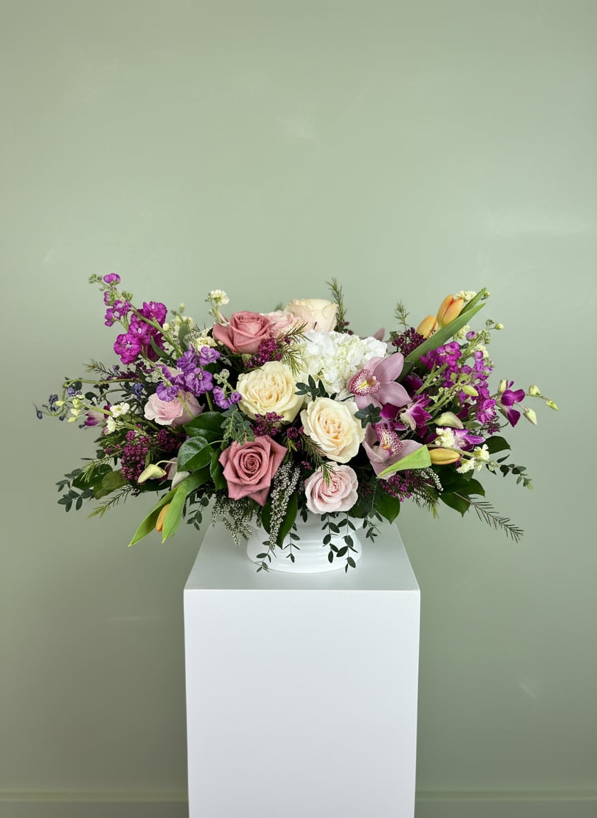 Bring the Best - A full, low centerpiece that reads like a secret garden-this flower arrangement is perfect for an anniversary bouquet, birthday surprise, or to celebrate someone who loves soft romance. The wide, horizontal composition sits in a white ceramic vase and pairs creamy neutrals with vivid purple accents for a polished, elegant presence that will brighten a dining table, console, or event centerpiece.  Clustered white hydrangea-like blooms, pink and cream roses, delicate orchids, tulips, and fragrant stock are layered with airy filler and mixed green foliage for a lush, textured look. The palette of pink, purple, white, and green creates visual depth: soft garden tones softened by brighter purple pops. Blooms are arranged low and wide to create a generous, sculpted silhouette that invites close-up appreciation of each petal and stem.  Made to make them feel truly seen, this arrangement is the kind of gift that brings warmth and celebration to anniversaries, birthdays, or special moments with a loved one. It arrives ready in a white ceramic vase; to extend enjoyment, keep the blooms in fresh water, away from direct heat, and in a cool spot.