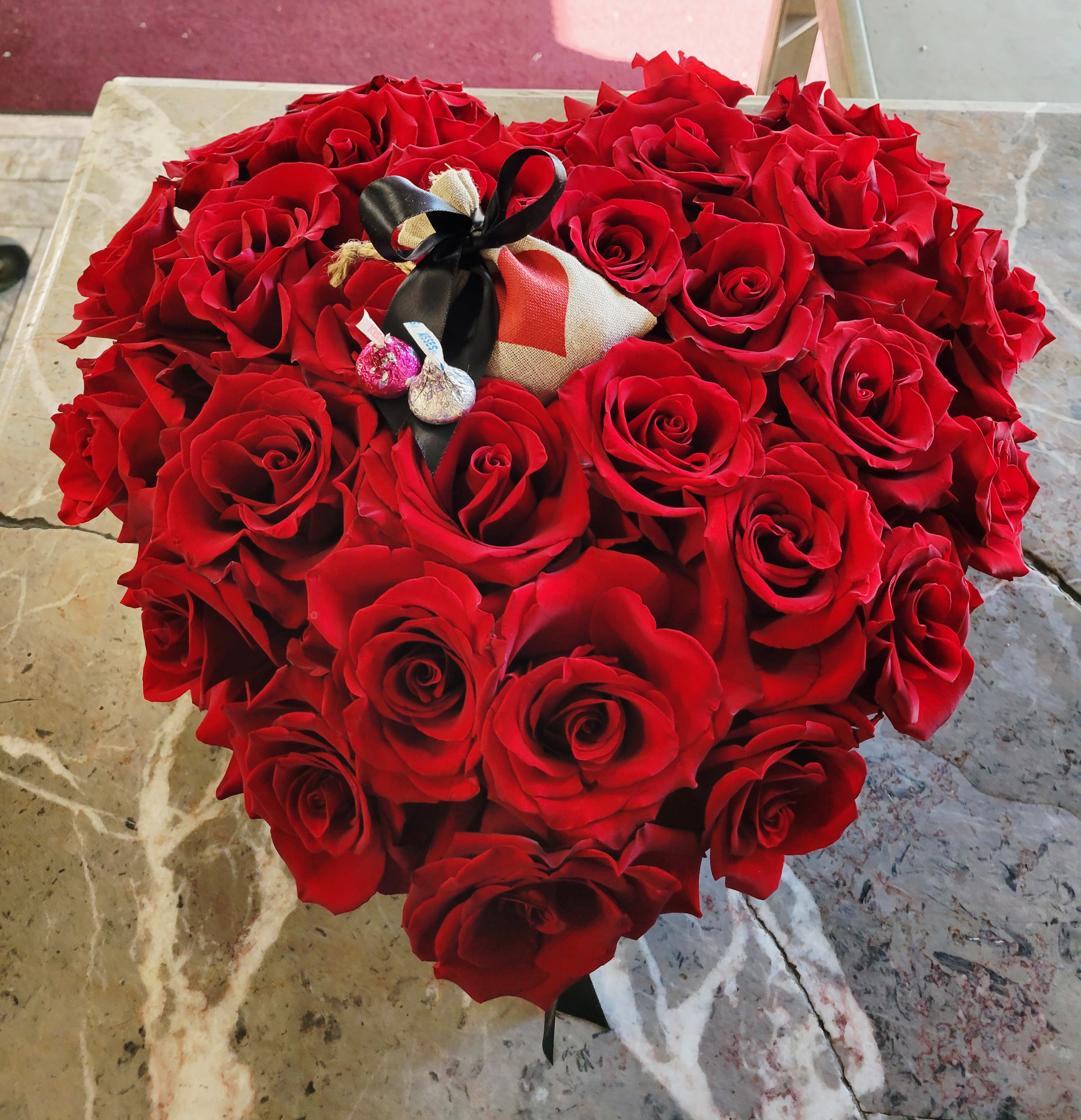 6.  MY HEART IN A KISS - beautiful red roses heart in a box with an accent of small rhinestones and kiss chocolates for the one you love