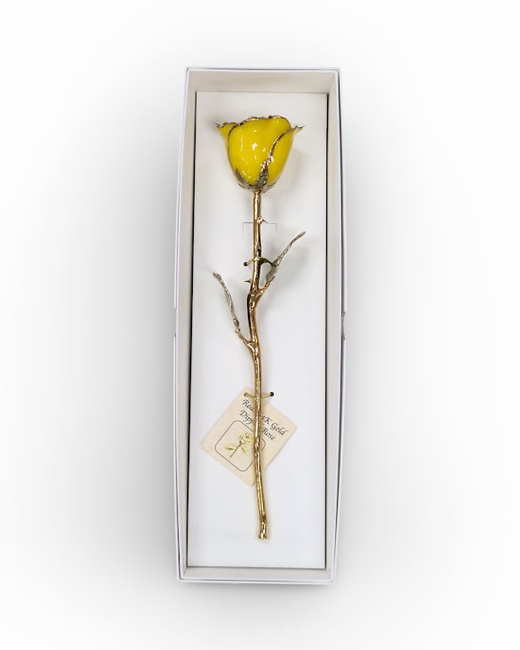 Preserved Yellow 24KT Gold Rose - A real rose preserved to last and then trimmed with real 24kt gold and presented in a gift box.