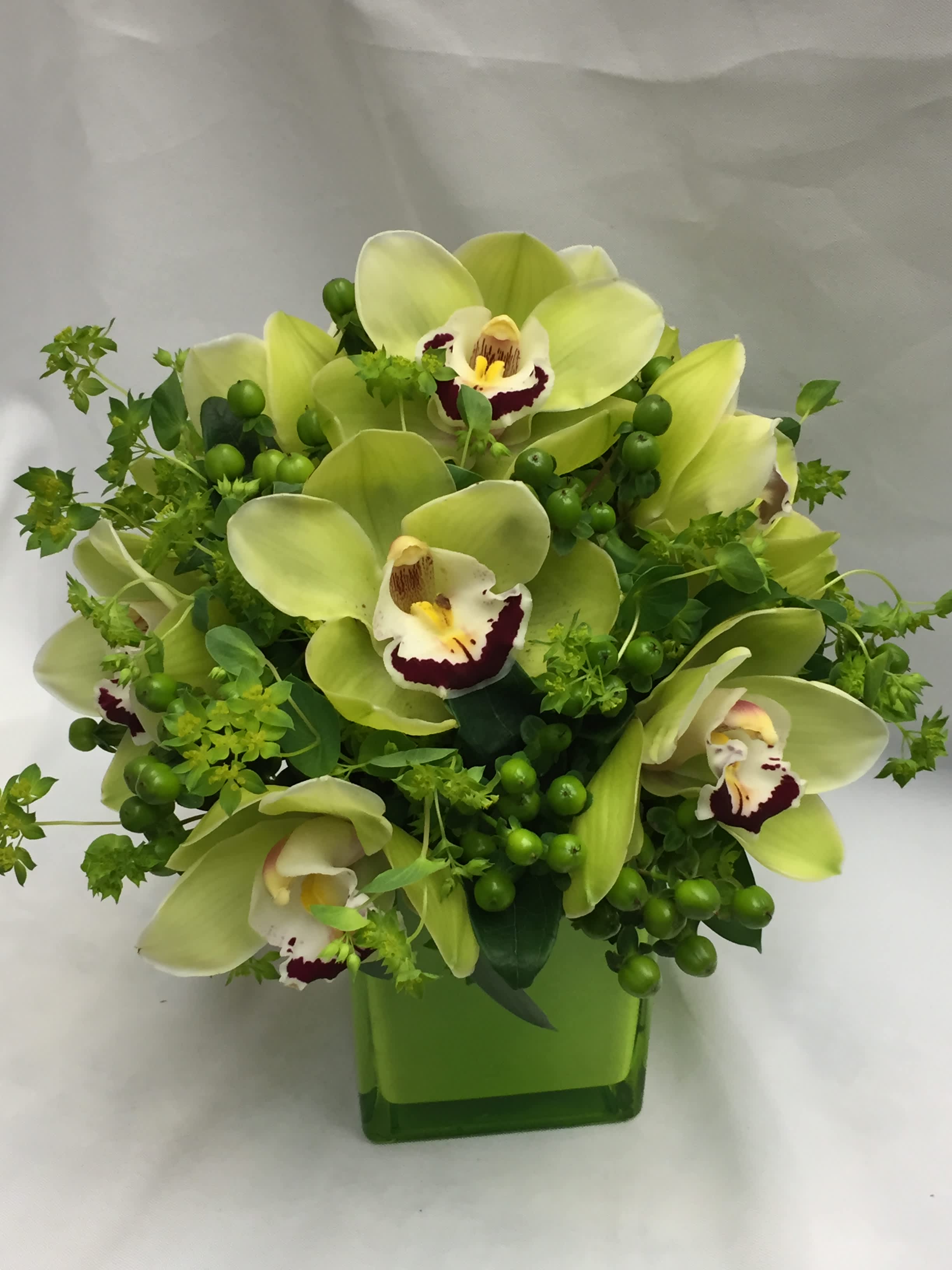 Green orchid arrangement in a square glass vase