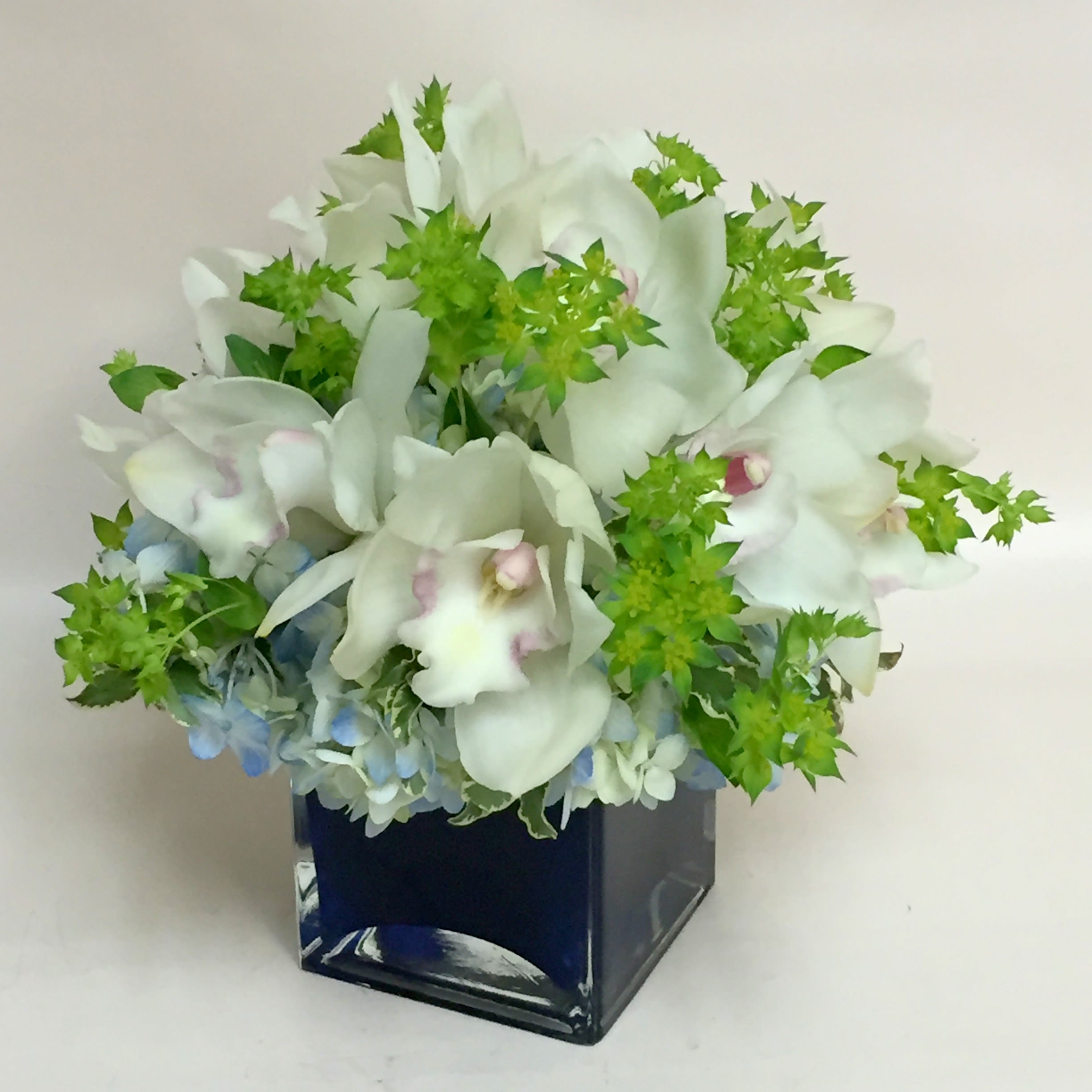 White orchids and blue hydrangeas in a dark glass vase