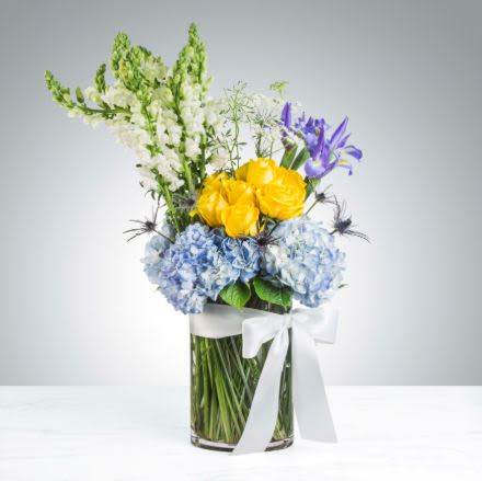 Best in Blue Flower  -  Pet Friendly? NO — Delphinium can be toxic to cats and dogs. Keep out of reach; avoid homes with curious cats.   Human Allergy Note : No major allergy-triggering flowers noted. Keep away from bedding to avoid accidental contact.   Care &amp; Longevity : Trim stems and place in fresh water. Change water every 2–3 days. Keep basket away from direct sun, heat, and vents. Remove fading blooms promptly. Mist gently if using floral foam.   Best Occasions &amp; Situations : - Celebrations - Anniversaries - Birthdays - Get well wishes - Baby showers - Housewarming gifts - Thank you gestures - Just because / surprise gifts   Why Customers Love It : - Striking blue tones that pop in any room - Hand-arranged for fresh, long-lasting appeal - Compact, layered presentation perfect for baskets - Versatile gift for multiple occasions - Readily gift-ready without extra assembly