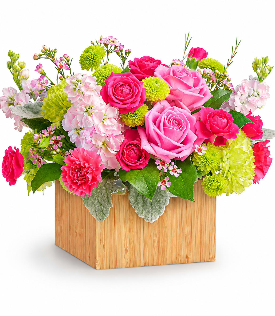 Raspberry Lime Delight  - Box arrangement with lime and hot pink color tones give this floral arrangement a fun pick-me-up! 