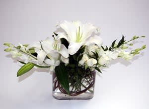 White lilies arranged in a clear square vase