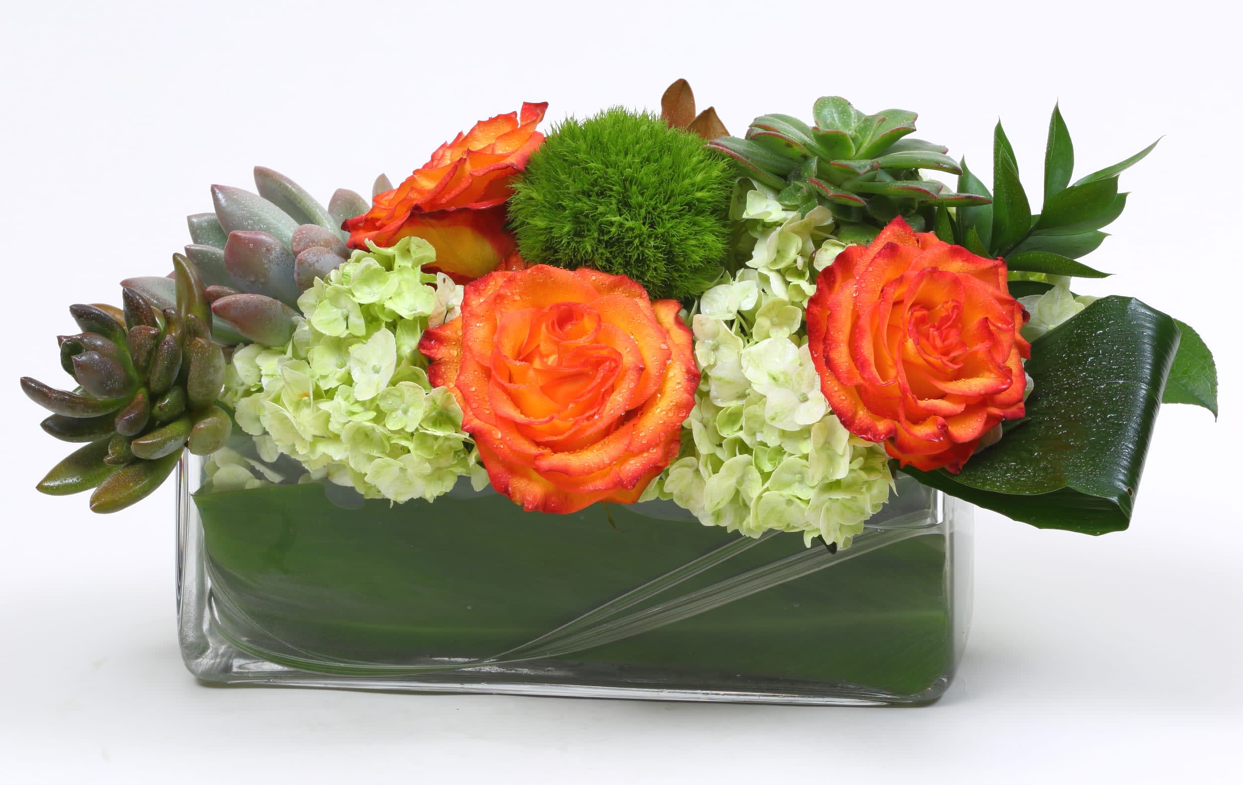 Orange roses and succulents arranged in a rectangular glass vase