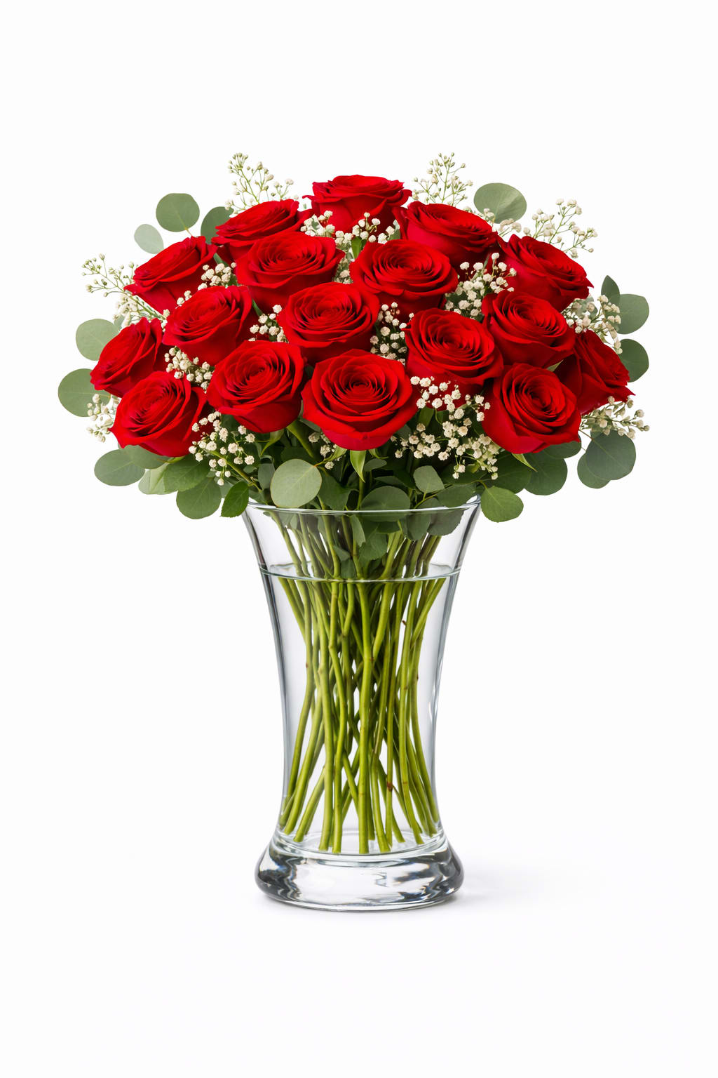 Red roses arranged in a clear glass vase with baby's breath