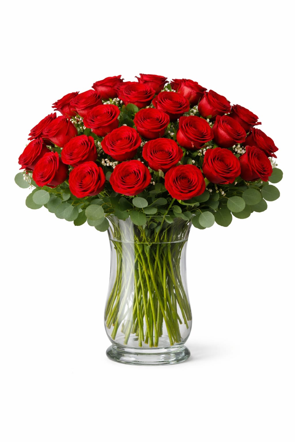 Bouquet of red roses in a clear glass vase