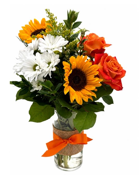 Golden Sunshine - A sunny mix of sunflowers, orange roses, and white daisies in a glass vase with decorative ribbon—designed to bring warmth, joy, and smiles this Mother’s Day.