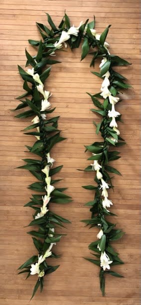 Maile Style Ti Leaf Lei with Tuberose - This fragrant and beautiful lei is great for any celebration!   (If recipient is shorter than 5' or taller than 6' please let me know so I can properly adjust for their height. Thank you!) 