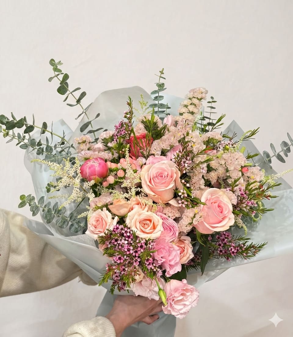 Handheld bouquet of pink roses and mixed pastel flowers wrapped in pale paper