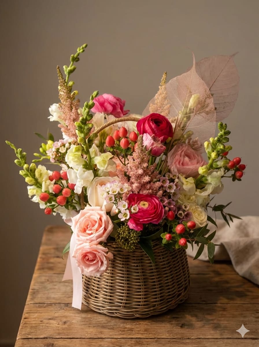 Wicker basket of pink and white roses, ranunculus, and snapdragons with red berries.