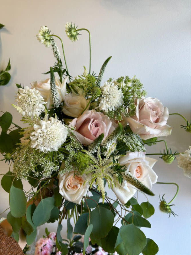 BP30 - Rose &amp; Scabiosa Mix - A hand tied bouquet with pastel-garden-inspired flowers  Due to the availability of certain flowers, substitutions might occasionally be necessary to assemble your bouquet. 
