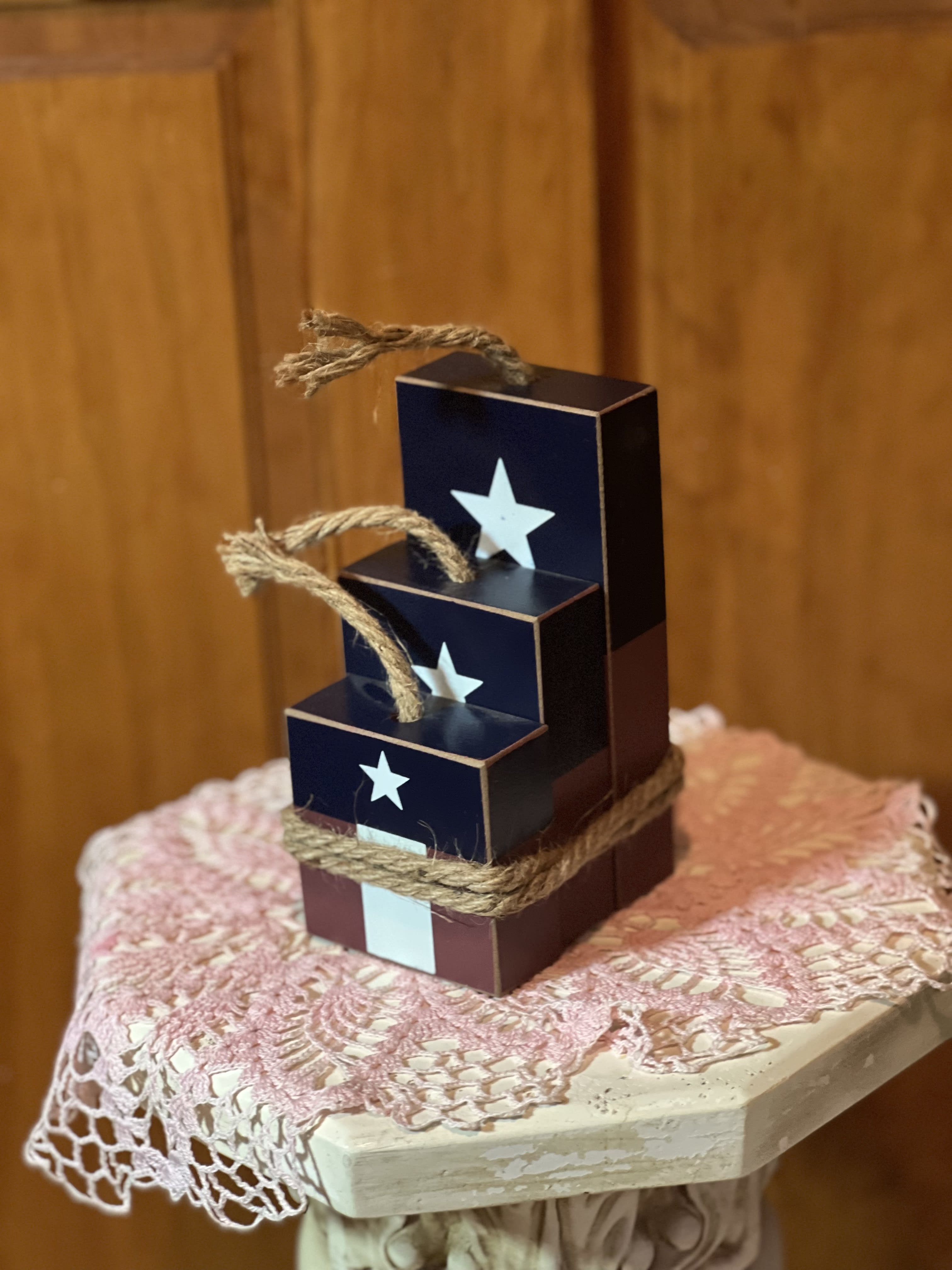 Fireworks Shelf Sitter - Set of 3 Fireworks Shelf Sitter tied together with twine looks great for Memorial Day, 4th of July, or any picnic or outdoor gathering. (only 1 available)