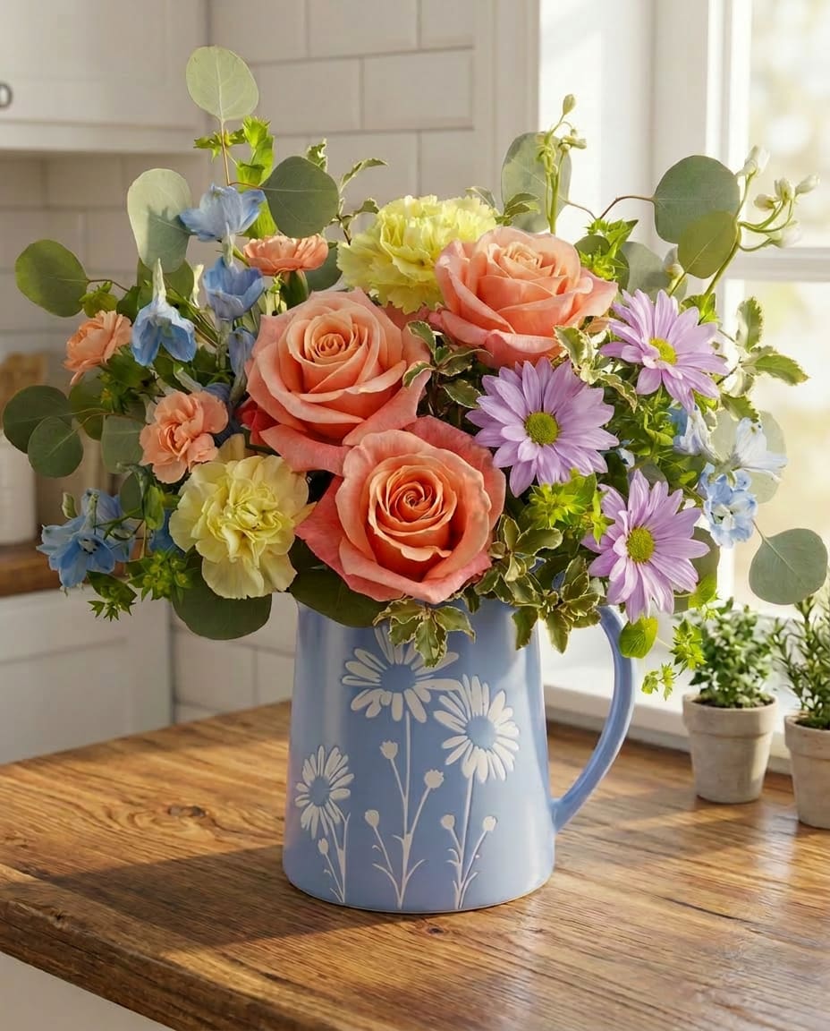 Sweet Meadow Morning - Cheerful, soft, and full of garden charm, Sweet Meadow Morning features peach roses, pastel carnations, lavender daisy mums, delicate blue delphinium, and fresh eucalyptus gathered in a keepsake ceramic pitcher vase. Designed with a light cottage-garden feel, this arrangement brings warmth and happiness to any occasion — perfect for birthdays, Mother’s Day, thank you gifts, or simply making someone smile.