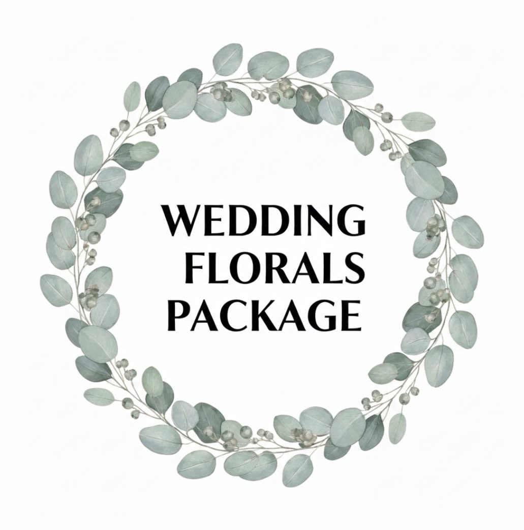 Eucalyptus wreath graphic around the words Wedding Florals Package