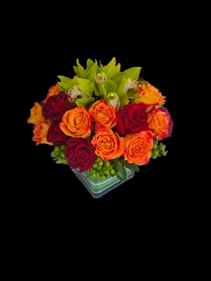 Fiery Romance - Fiery Romance features a rich cluster of orange and deep red roses accented with vibrant green orchids, creating an immediate sense of warmth, energy, and celebration. Bold yet refined, this arrangement is perfect for anniversaries, birthdays, congratulations, or any moment that calls for a confident, joyful gesture. The vivid palette of orange, crimson, and chartreuse-green creates striking contrast while making the recipient feel truly seen and celebrated.  Designed in a compact, rounded silhouette, the velvety roses create lush texture while the orchids add an exotic pop of luminous green. Arranged in a modern square glass vase, the composition feels clean, sculptural, and sophisticated — ideal for dining tables, office desks, or smaller spaces that deserve a dramatic floral statement without overwhelming the room.  Both romantic and contemporary, Fiery Romance is designed for the person you want to surprise with something vibrant, memorable, and full of life. To keep blooms looking their best, refresh the water every two days, trim stems slightly at an angle, and keep away from direct sunlight and heat.