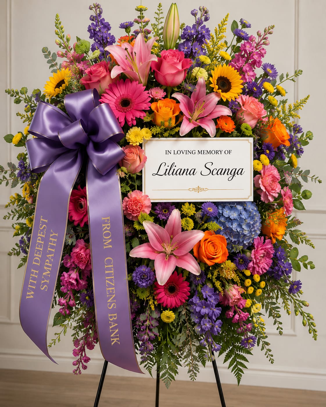 Vibrant Garden Tribute Standing Spray - A lush cascade of lilies, roses, gerbera daisies and hydrangeas creates a colorful, garden-fresh tribute that reads as both respectful and celebratory - ideal as a funeral standing spray or sympathy arrangement for a celebration of life. The bright palette of purple, pink, yellow and orange catches the eye without feeling garish, so the person you're honoring will be remembered with warmth and vibrancy rather than somber formality.  This large standing spray is densely packed with lilies, roses, gerbera daisies, hydrangeas, carnations, snapdragons, asters and small daisy-like accents for a layered, textured look. A prominent purple ribbon and a memorial card inscribed "In Loving Memory Of" give the piece a dignified presentation, and the arrangement is finished on an easel stand for easy display at memorial services. The mix of blooms creates a full, garden-style silhouette that reads well from a distance and up close.  Perfect for family members, close friends, or anyone who loved bold color, this piece conveys sympathy while celebrating a life lived fully. Available in a substantial standing size to anchor a service or graveside tribute; please contact us to confirm delivery timing and any personalization for the memorial card.